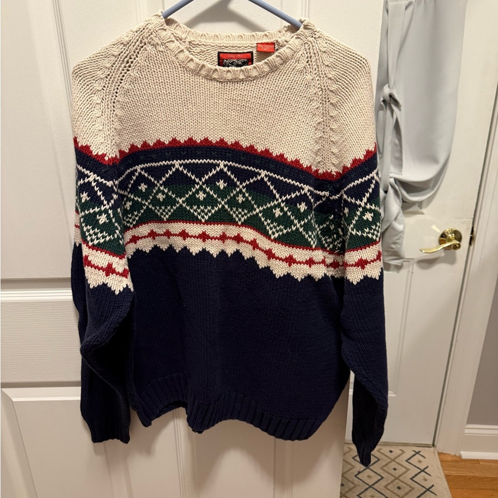 Cream and Blue Crewneck Sweater with Nordic Pattern